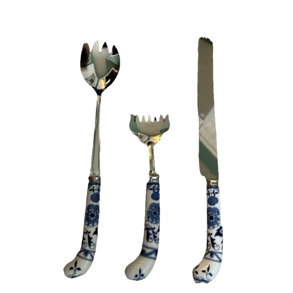 Vintage Prill Sheffield Blue Onion Porcelain Utensils Serving Set Of 3
